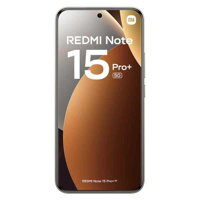 Xiaomi Redmi Note 15 Pro+ 8GB/256GB castanho com ecrã amplo sem molduras, furo central para câmara frontal e branding 5G destacado na frente