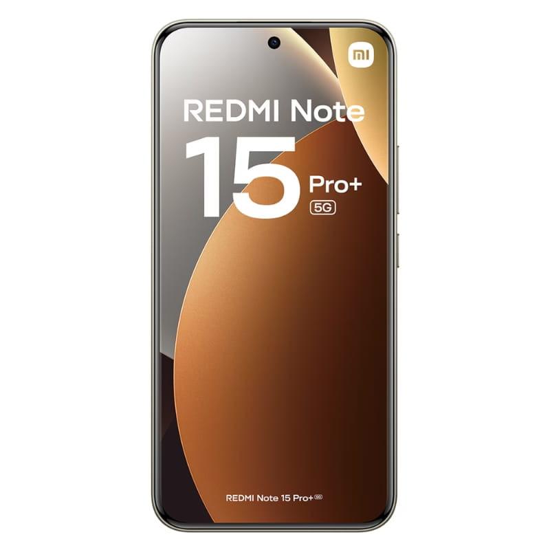 Xiaomi Redmi Note 15 Pro+ 8GB/256GB castanho com ecrã amplo sem molduras, furo central para câmara frontal e branding 5G destacado na frente