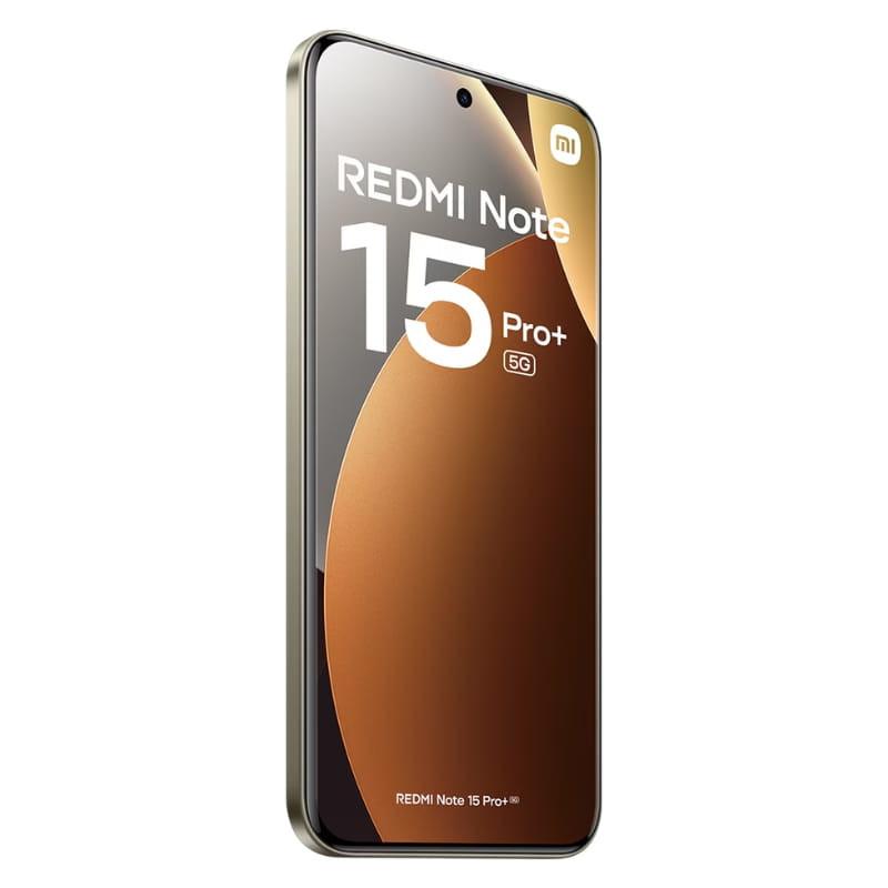 Xiaomi Redmi Note 15 Pro+ castanho com ecrã grande bezel fino, câmara frontal em furo central e laterais metálicas douradas; 8GB RAM 256GB armazenamento