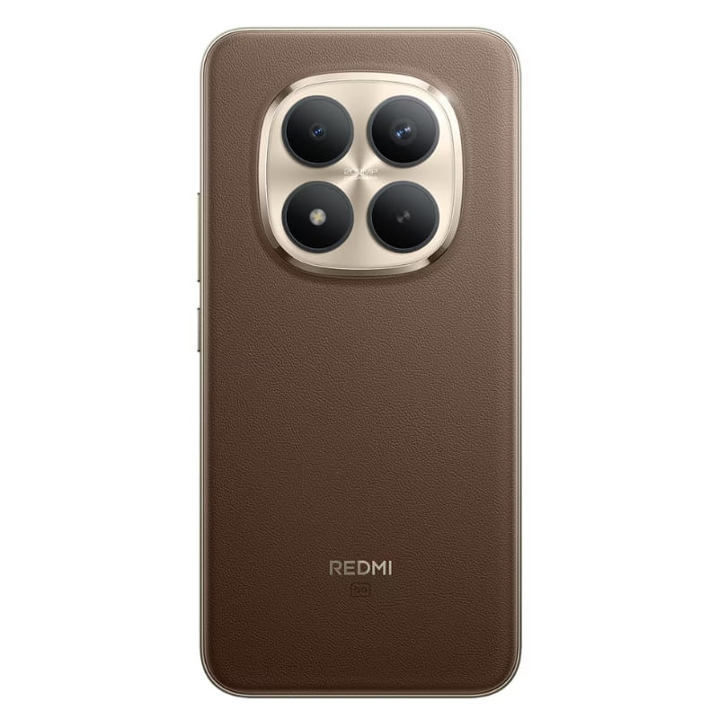 Xiaomi Redmi Note 15 Pro+ castanho com traseira estilo couro, módulo de câmera quadrado dourado e quatro lentes grandes; logo Redmi 5G na parte inferior