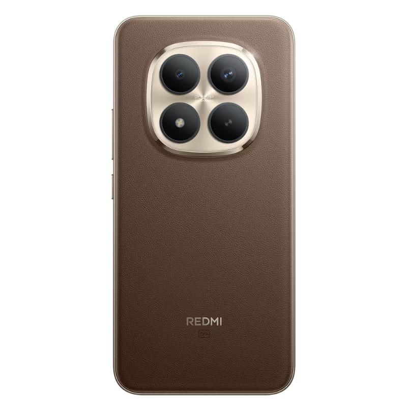 Xiaomi Redmi Note 15 Pro+ castanho com traseira estilo couro, módulo de câmera quadrado dourado e quatro lentes grandes; logo Redmi 5G na parte inferior