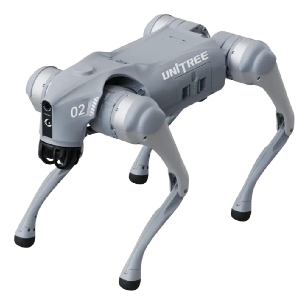 Robot cuadrúpedo gris Unitree Go2 Air con IA y LIDAR 4D, cuerpo compacto, patas articuladas antideslizantes y sensores frontales dobles para navegación