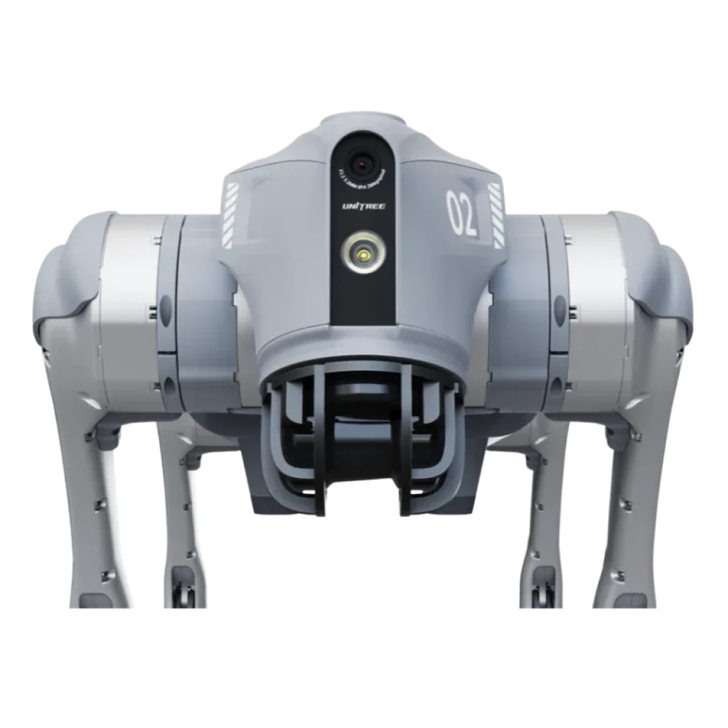 Robot cuadrúpedo gris con cámara frontal, sensor 4D LIDAR central, patas articuladas robustas y diseño aerodinámico para navegación autónoma avanzada