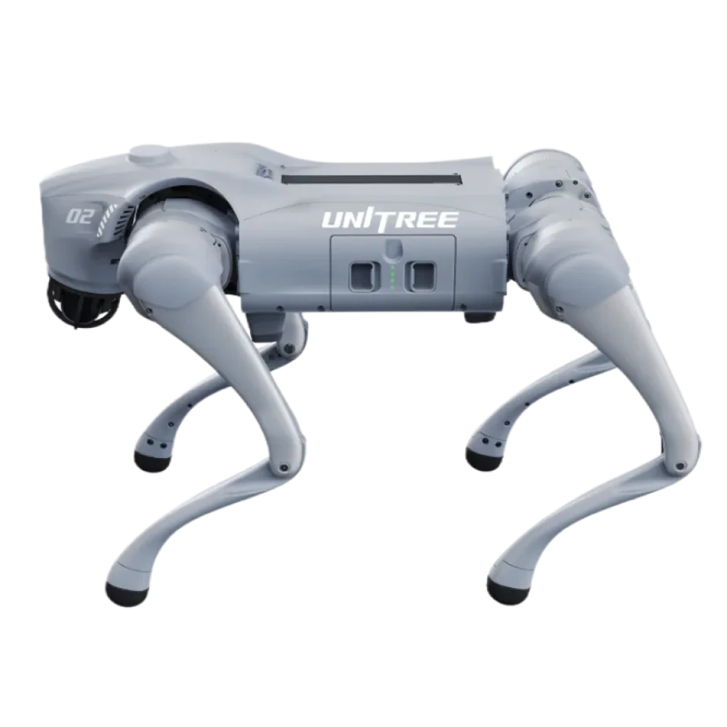 Vista lateral del Unitree Go2 Air con IA y 4D LIDAR, robot cuadrúpedo gris con cuerpo compacto, patas articuladas robustas y sensores frontales integrados para navegación