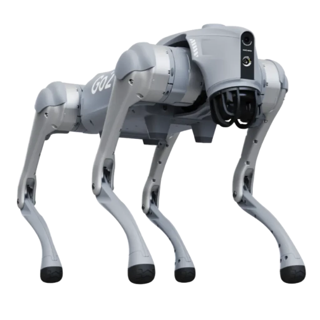Robot cuadrúpedo gris con carcasa aerodinámica, cámaras frontales y módulo 4D LIDAR elevado, patas articuladas robustas para estabilidad y terreno irregular