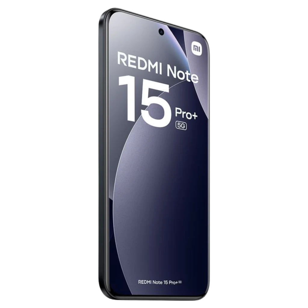 Xiaomi Redmi Note 15 Pro+ negro con pantalla casi sin biseles, orificio centrado para la cámara frontal y bordes curvos; texto 15 Pro+ 5G visible en la