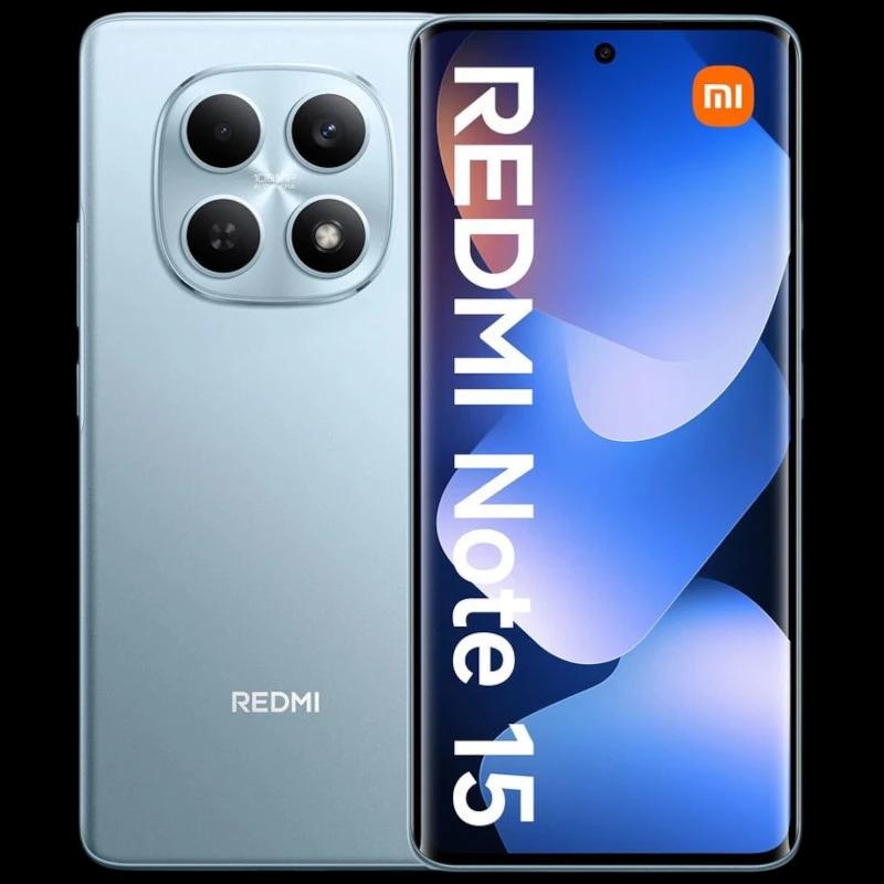 Xiaomi Redmi Note 15 4G azul com tela curva perfurada, moldura fina e módulo de câmera traseira quádruplo em ilha circular. 8GB RAM e 256GB armazenamento.