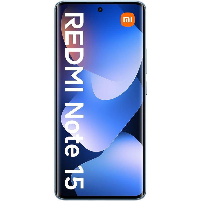 Xiaomi Redmi Note 15 4G Azul com tela ampla de bordas finas, furo central para câmera frontal e acabamento curvo; versão 8GB RAM e 256GB armazenamento