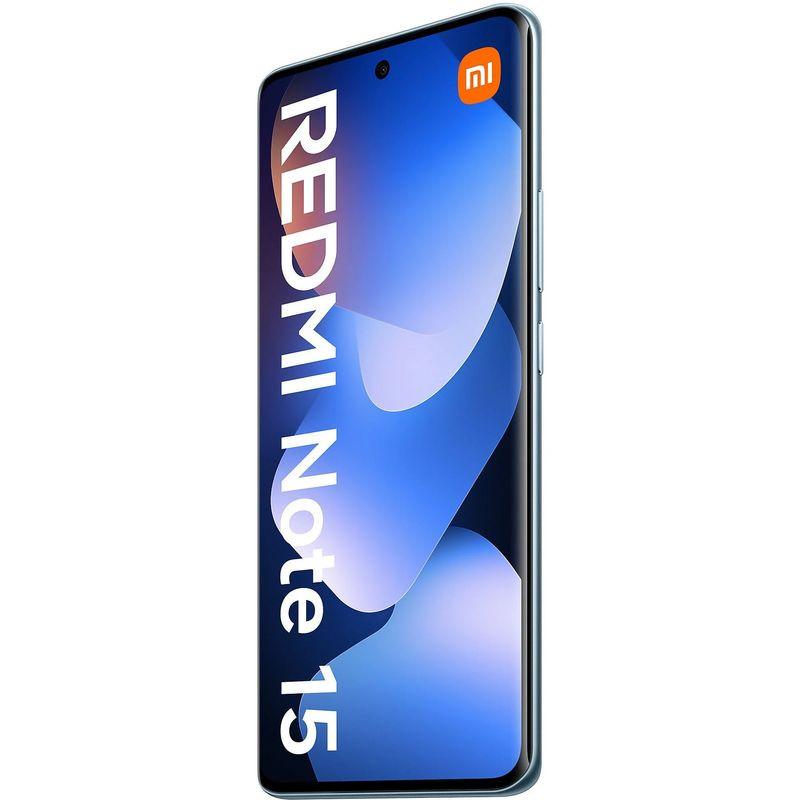 Xiaomi Redmi Note 15 4G azul com tela grande de bordas finas, furo central para câmera frontal, laterais metálicas e acabamento elegante; 8GB RAM, 256GB