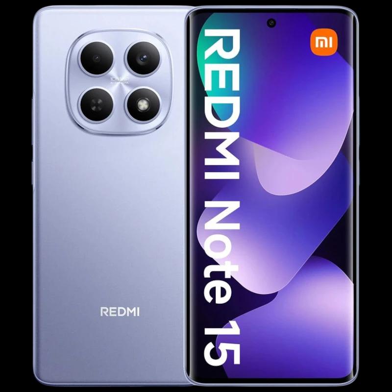 Xiaomi Redmi Note 15 4G lilás com tela ampla bordas finas, furo central para câmera e módulo traseiro quadrado com quatro lentes; 8GB RAM e 256GB