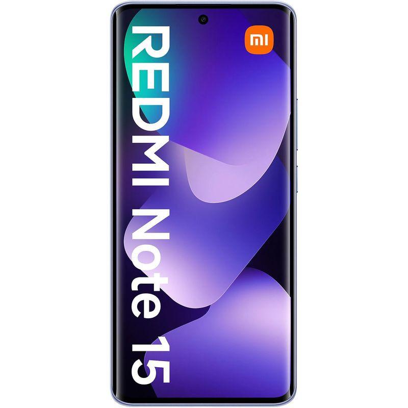 Xiaomi Redmi Note 15 4G lila com tela ampla quase sem bordas, furo central para câmera frontal e logotipo MI no topo; design moderno e elegante