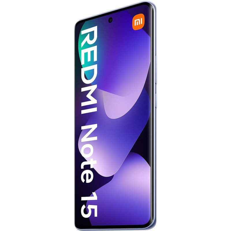 Xiaomi Redmi Note 15 4G 8GB/256GB Lila com tela ampla de bordas finas, furo central para câmera frontal e acabamento roxo elegante que reflete luz