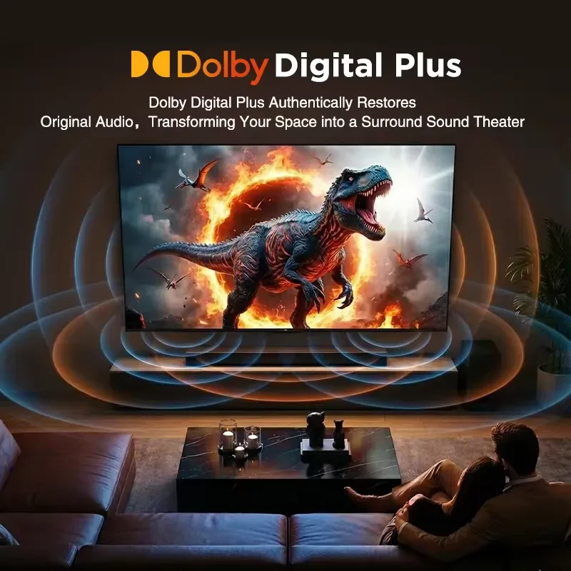 Écran TV affichant un dinosaure en 4K HDR, halo lumineux et effets Dolby Digital Plus, ambiance home cinéma avec barre de son et salon sombre