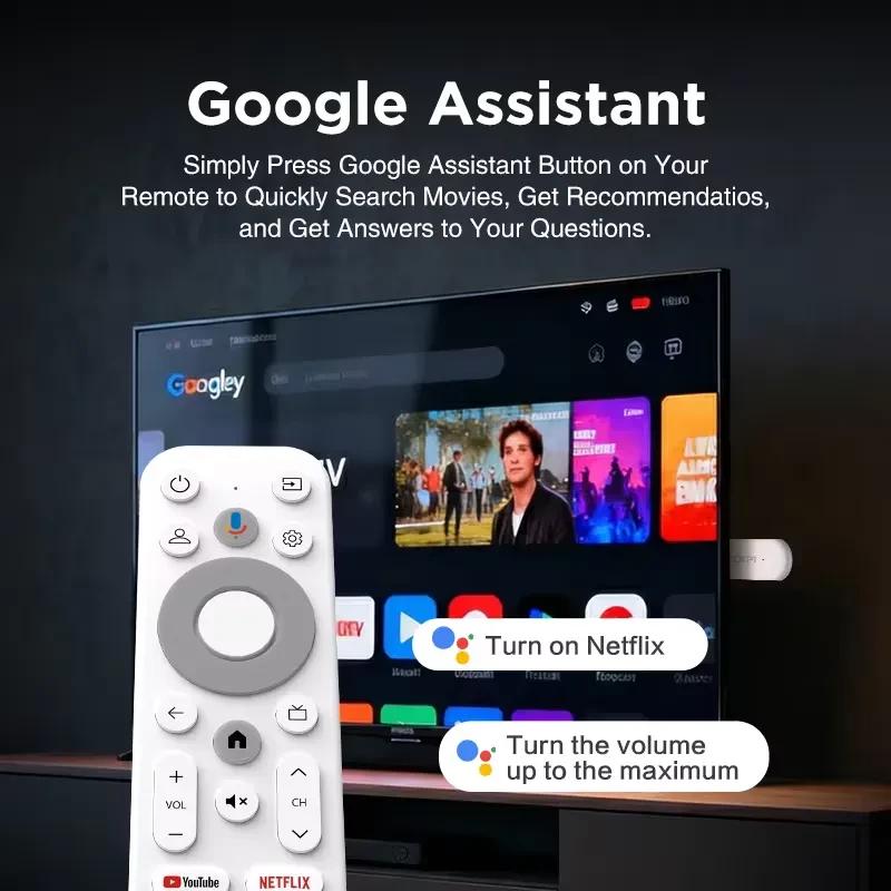 Télécommande blanche Tanix Kickpi KP2 pour Android TV, boutons dédiés YouTube et Netflix, micro Google Assistant, navigation circulaire et touches volume