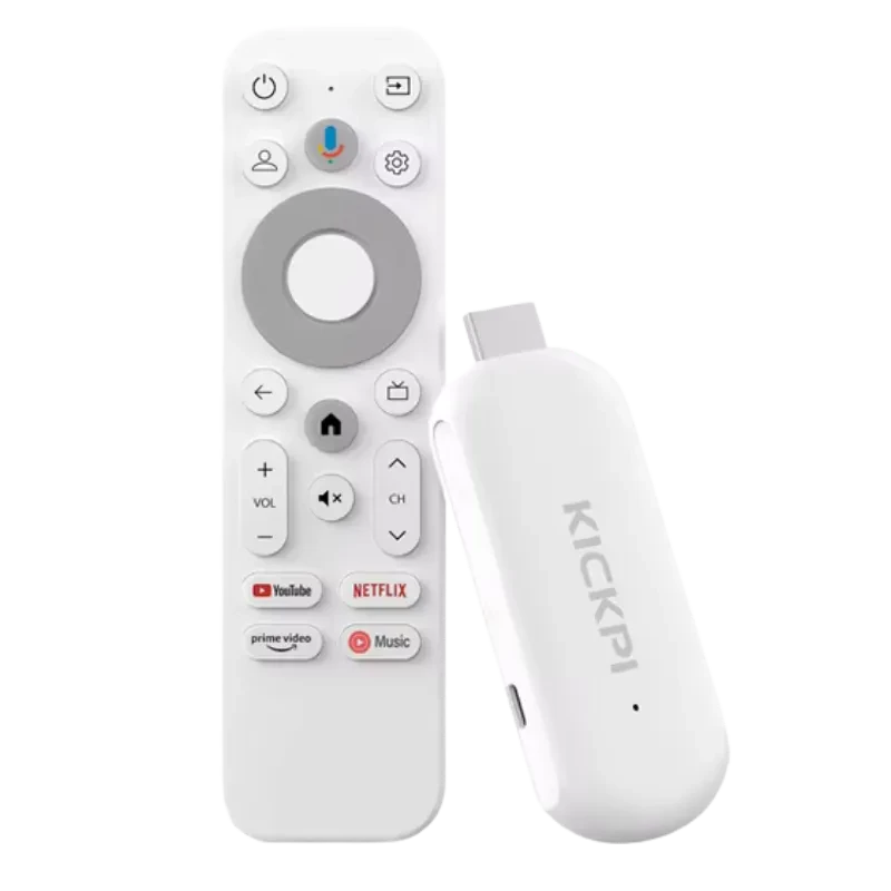 Tanix Kickpi KP2 branco com dongle HDMI compacto e comando remoto completo: botões para YouTube, Netflix, Prime Video, Google Assistant e controlo de volume