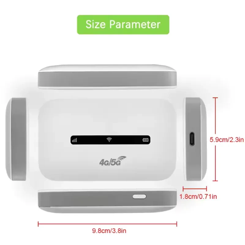 Router portátil M6 4G LTE WiFi 3000mAh, Blanco, compacto y rectangular; indicador LED frontal, puerto USB-C lateral, bordes grises y medidas 9.8x5.9x1.8 cm