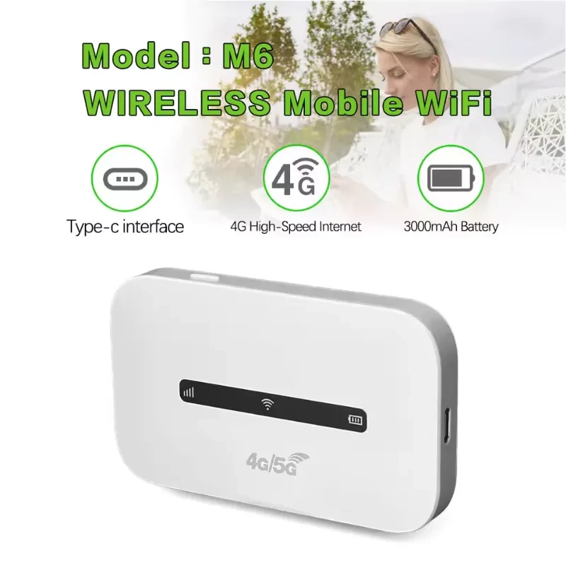 Router portátil M6 4G LTE WiFi blanco con batería 3000mAh, indicador LED frontal y puerto USB-C; diseño compacto y bordes redondeados.