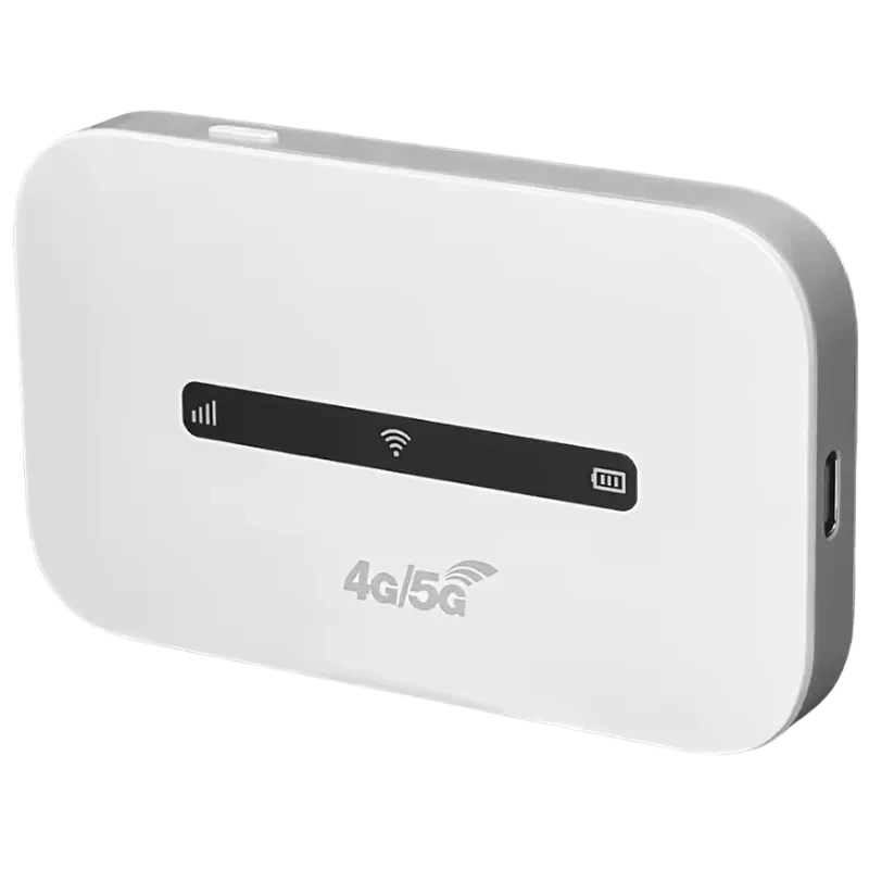 Router portátil M6 4G LTE WiFi blanco con indicador LED de señal, WiFi y batería en barra negra, bordes redondeados y puerto USB-C lateral, 3000 mAh