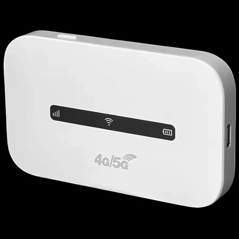 Router portátil M6 4G LTE WiFi blanco con indicador LED de señal, WiFi y batería en barra negra, bordes redondeados y puerto USB-C lateral, 3000 mAh