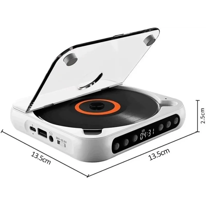 KC-918 leitor de CD portátil branco com tampa transparente, display digital, botões frontais, porta USB e entrada AUX; design compacto 13,5 x 13,5 x 2,5 cm