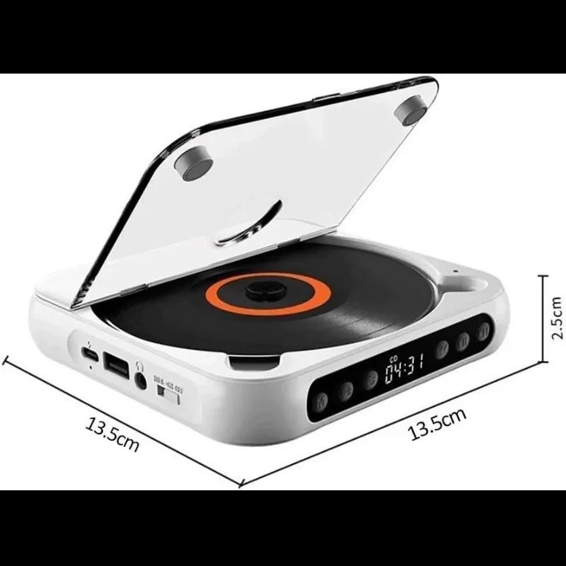KC-918 Leitor de CD portátil estéreo Bluetooth Preto com tampa transparente, display digital, botões frontais, porta USB e design compacto 13,5 x 13,5 x 2,5