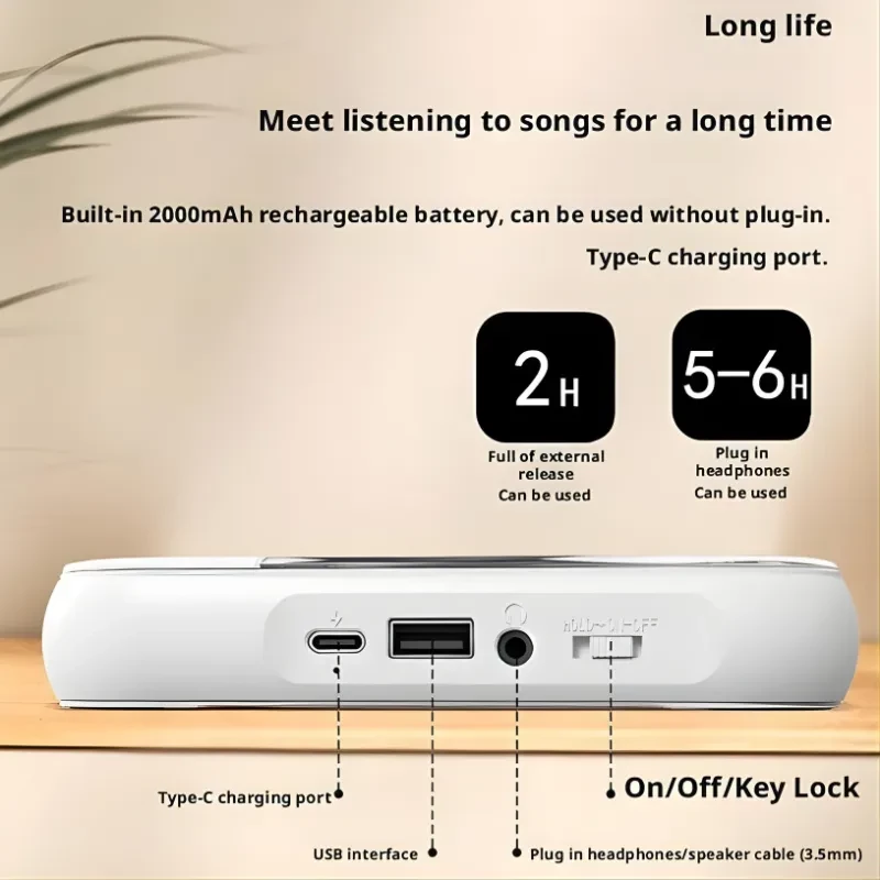 KC-918 leitor de CD portátil preto com Bluetooth, bateria 2000 mAh, porta Type-C, USB, entrada 3.5 mm e botão On Off Key Lock; 2h carga, 5–6h uso