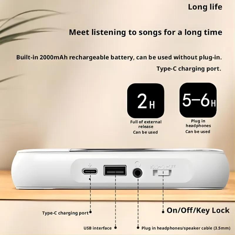 KC-918 leitor de CD portátil preto com Bluetooth, bateria 2000 mAh, porta Type-C, USB, entrada 3.5 mm e botão On Off Key Lock; 2h carga, 5–6h uso