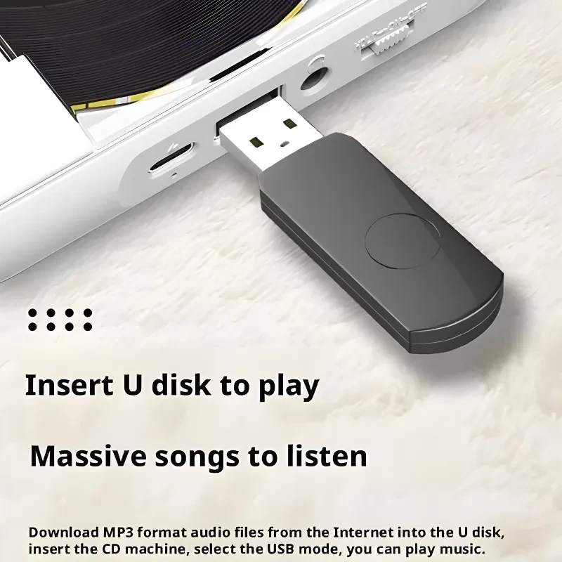 KC-918 Leitor de CD portátil estéreo Bluetooth Preto com entrada USB tipo U, corpo preto compacto e design minimalista para tocar músicas MP3