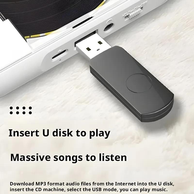 KC-918 Leitor de CD portátil estéreo Bluetooth Preto com entrada USB tipo U, corpo preto compacto e design minimalista para tocar músicas MP3