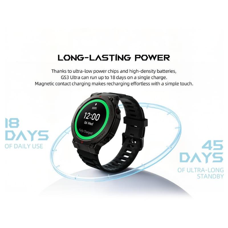 Black Shark GS3 Ultra Argent GPS, boîtier noir robuste, écran rond lumineux, bracelet ajouré, autonomie 18 jours, 45 jours veille, charge magnétique