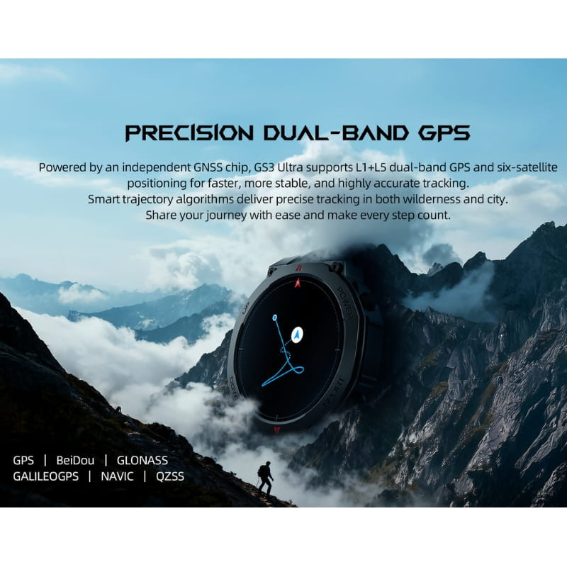 Black Shark GS3 Ultra Argent GPS avec écran circulaire noir, lunette argentée, suivi précis double bande, design robuste niveau militaire pour aventuriers