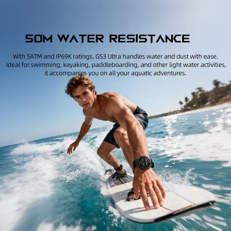 Black Shark GS3 Ultra Argent GPS au poignet d’un surfeur, boîtier argent, écran rond lumineux, bracelet sport robuste, résistance 5ATM et IP69K