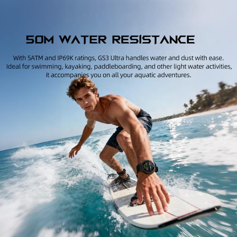 Black Shark GS3 Ultra Argent GPS au poignet d’un surfeur, boîtier argent, écran rond lumineux, bracelet sport robuste, résistance 5ATM et IP69K