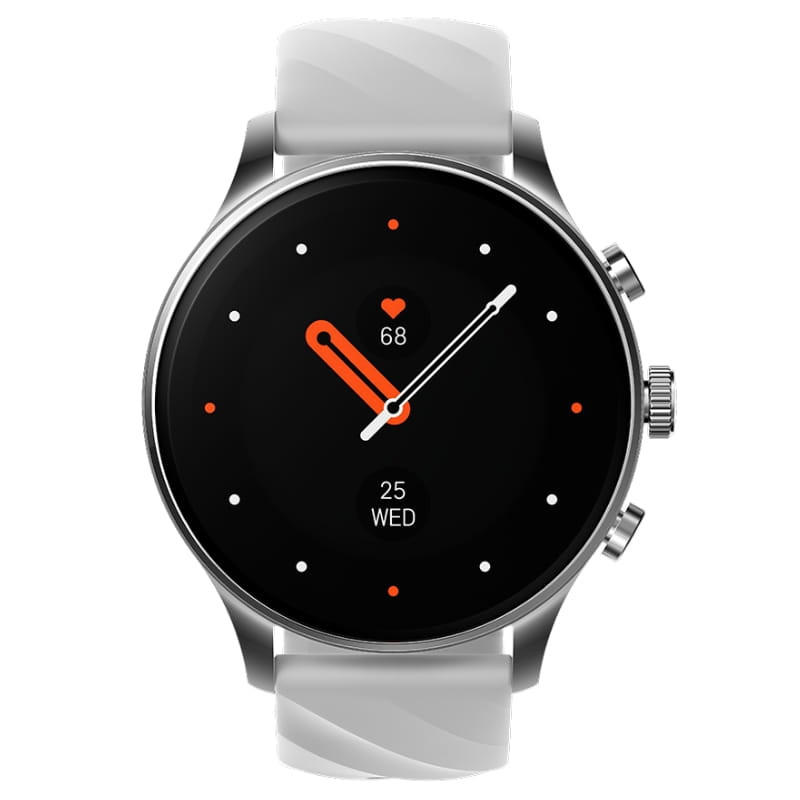 Black Shark S3 Classic Plata con caja metálica plateada, esfera negra minimalista, dos botones laterales y correa de silicona blanca con textura ondulada