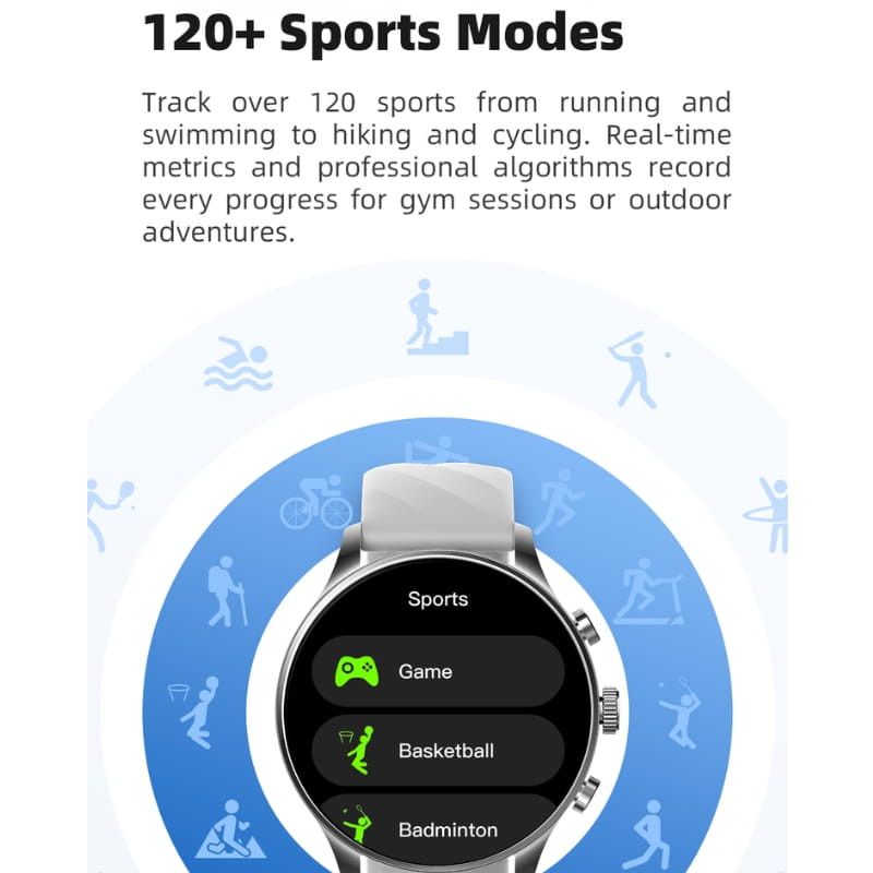 Reloj inteligente Black Shark S3 Classic plata, pantalla circular con botones laterales. Muestra modos Sports, Game, Basketball y Badminton, estilo deportivo.