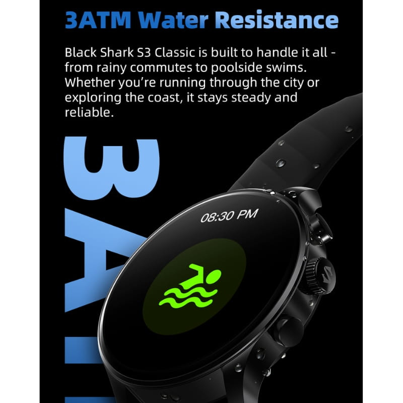 Black Shark S3 Classic negro con pantalla AMOLED 1,43 pulgadas, esfera redonda, botones laterales y resistencia 3ATM, ideal para deporte y uso diario