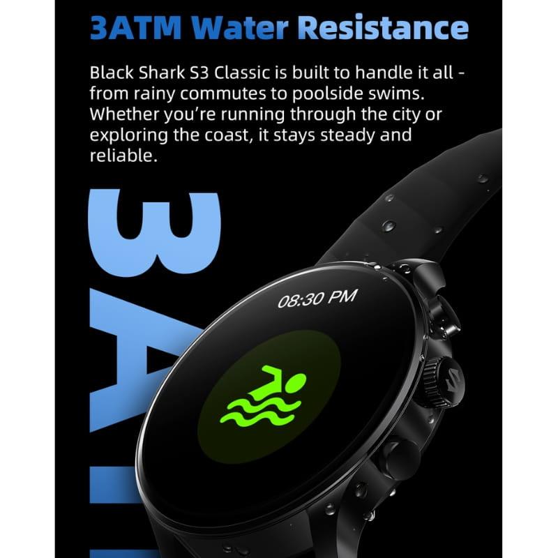 Black Shark S3 Classic negro con pantalla AMOLED 1,43 pulgadas, esfera redonda, botones laterales y resistencia 3ATM, ideal para deporte y uso diario