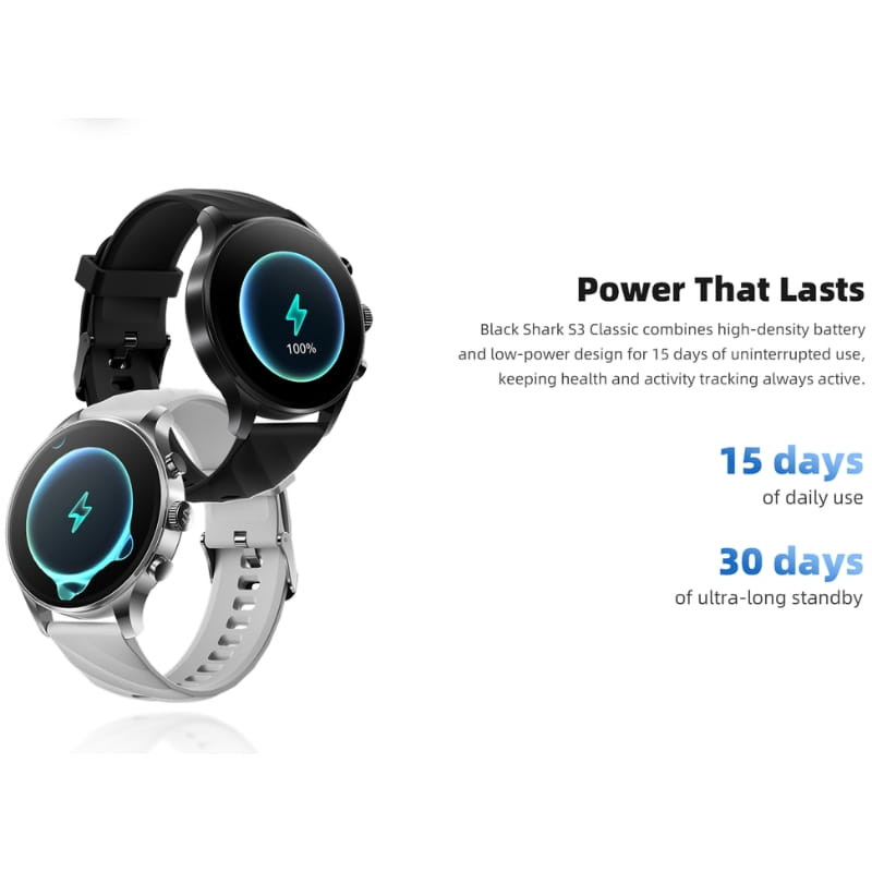 Reloj Black Shark S3 Classic negro con pantalla AMOLED 1,43 pulgadas, diseño redondo, bisel metálico, correa de silicona y esfera con indicador de batería