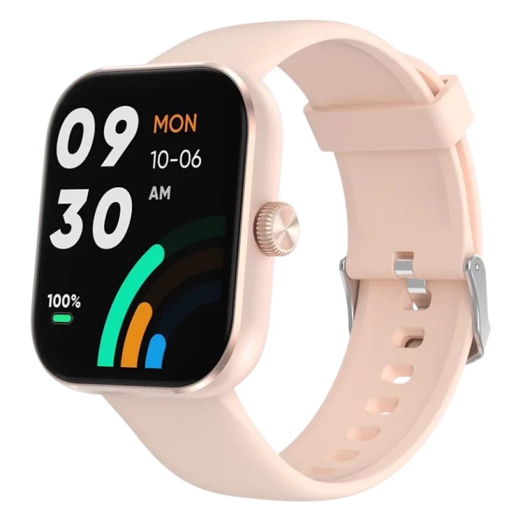 Black Shark GTS Dorado con pantalla rectangular a color, correa rosa ajustable, corona lateral texturada y widgets de hora, fecha, batería y actividad