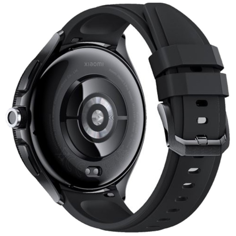 Xiaomi Watch 2 Pro Bluetooth noir rénové, excellent état: boîtier rond brillant, capteur cardio visible, couronne latérale, bracelet silicone noir perforé