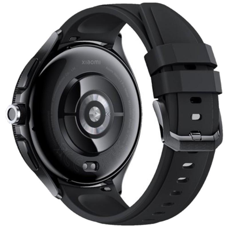 Xiaomi Watch 2 Pro Bluetooth noir rénové, excellent état: boîtier rond brillant, capteur cardio visible, couronne latérale, bracelet silicone noir perforé