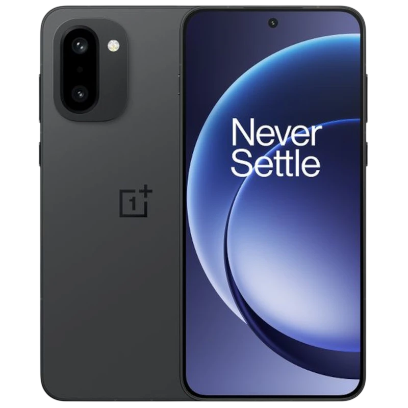 Oneplus 15R 5G 12GB/256GB Negro con pantalla frontal amplia y cámara frontal en orificio central; trasera dual vertical con flash, acabado mate elegante