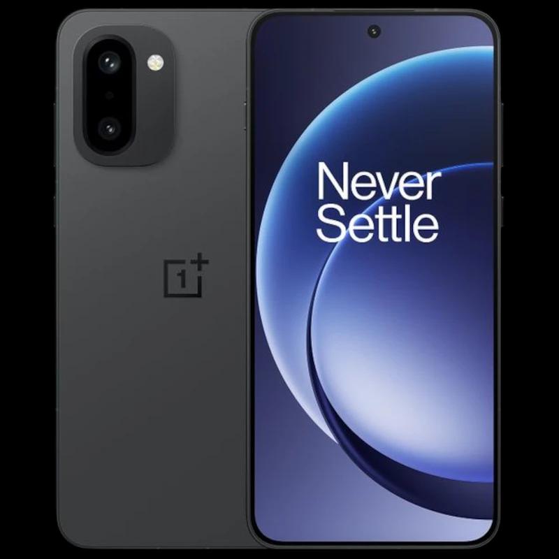 Oneplus 15R 5G 12GB/256GB Negro con pantalla frontal amplia y cámara frontal en orificio central; trasera dual vertical con flash, acabado mate elegante