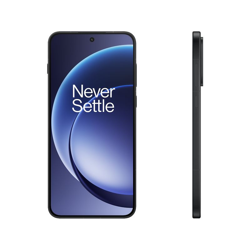 Oneplus 15R 5G 12GB/512GB Negro con pantalla casi sin bordes, cámara frontal en orificio centrado y perfil delgado con módulo de cámara trasera discreto