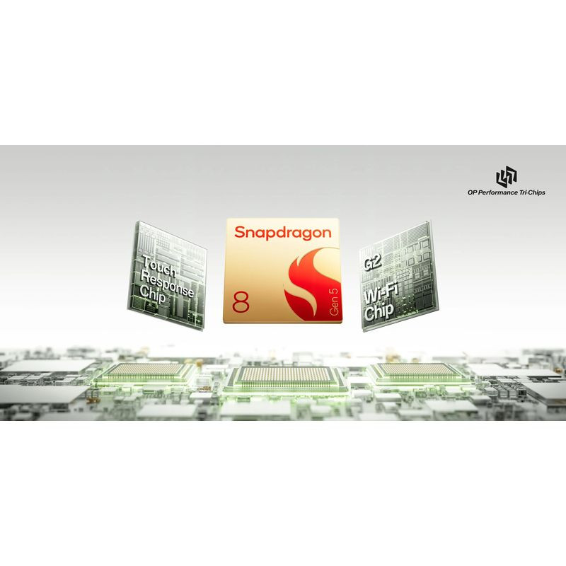 Oneplus 15R 5G 12GB/512GB Negro con chips destacados: Snapdragon 8 Gen 3, Touch Frequency Chip y G2 Wi‑Fi Chip sobre placa electrónica iluminada