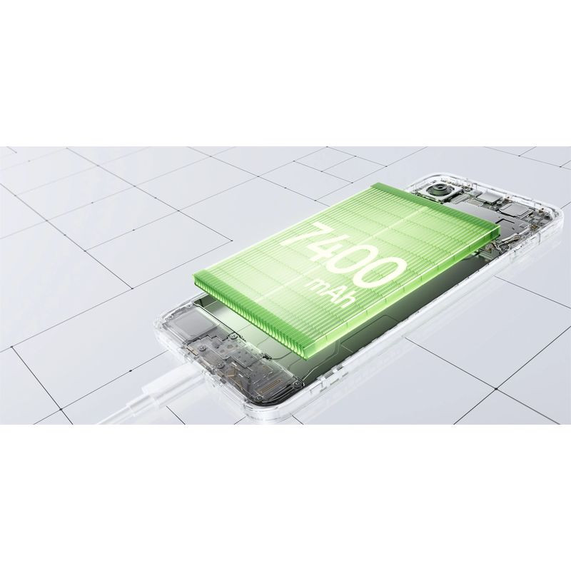 Oneplus 15R 5G 12GB/512GB Negro mostrando batería interna de 7400 mAh sobre chasis transparente, con puerto de carga inferior y módulo de cámara trasera