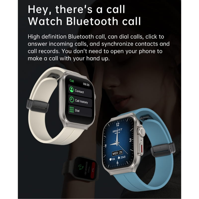 Descripción de la función de llamadas del smartwatch OV88 con las variantes en blanco y turquesa como referencia