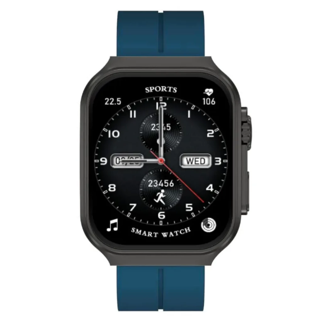 Smartwatch OV88 Azul con caja negra rectangular, pantalla táctil a color, carátula analógica digital, corona lateral y correa de silicona azul