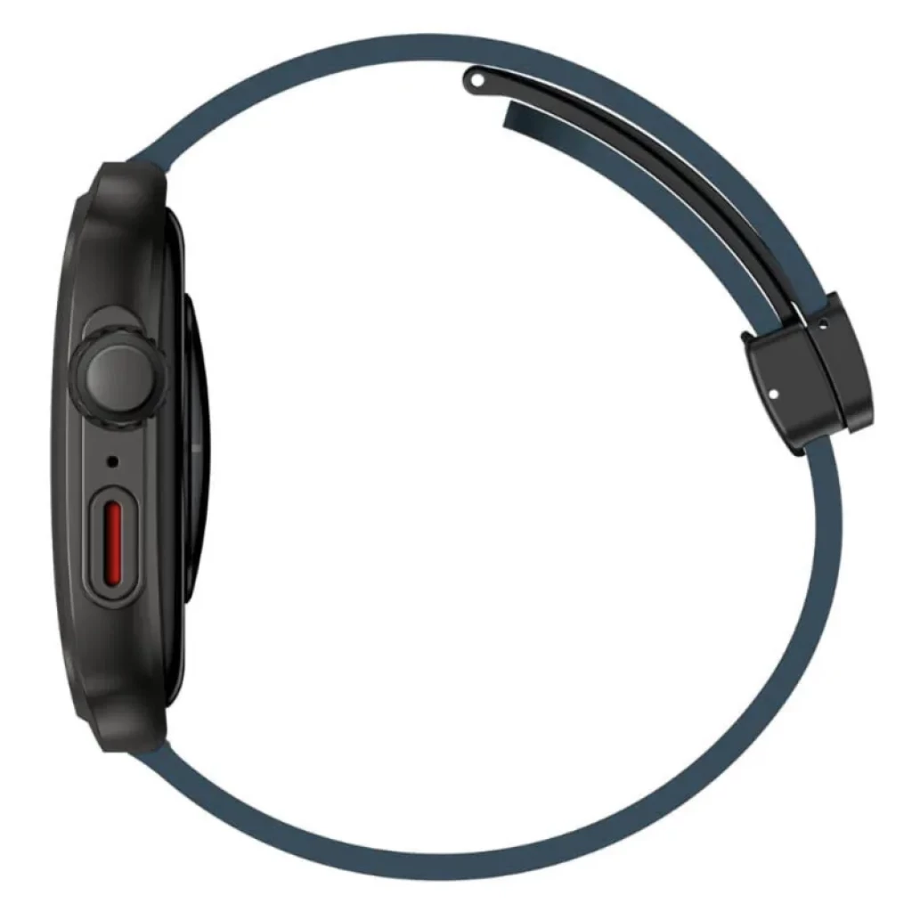 Smartwatch OV88 Azul visto de perfil con caja negra, botón lateral y correa azul delgada ajustable; diseño deportivo y delgado compatible con llamadas