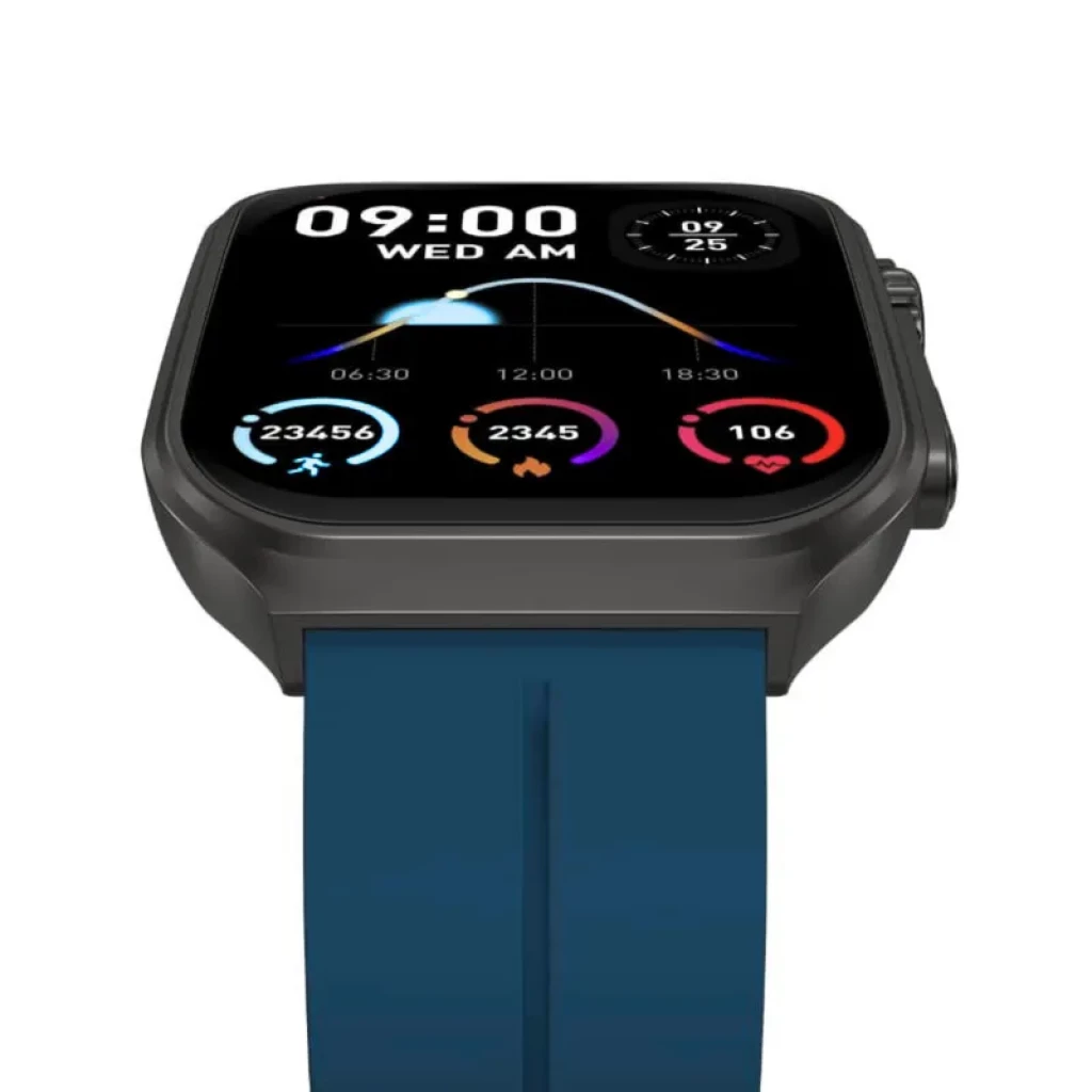 Smartwatch OV88 Azul con pantalla rectangular a color, correa azul, borde metálico oscuro y esferas deportivas con pasos, calorías, ritmo cardíaco y hora